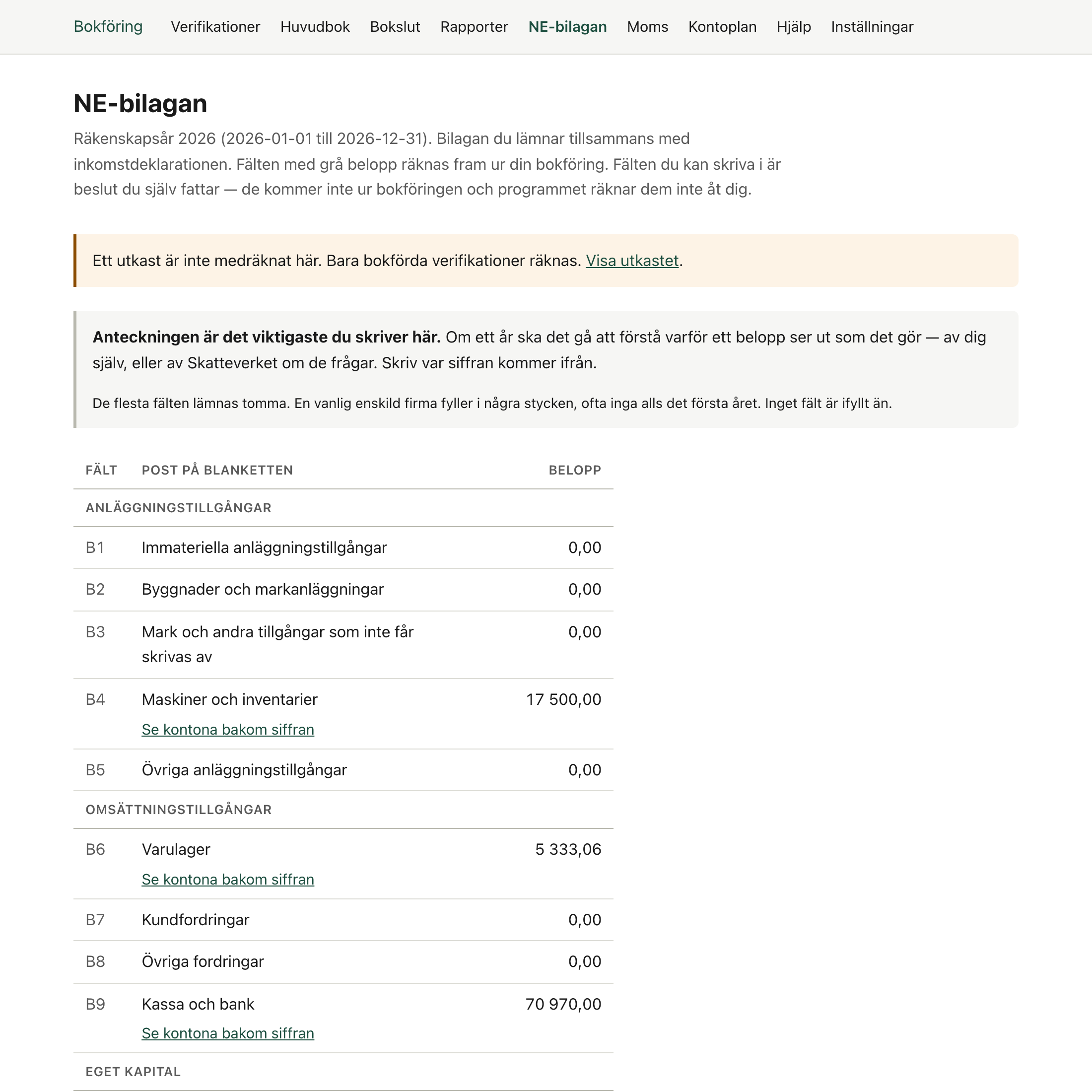 NE-bilagan med fältnumren B1 till B10, benämningarna från blanketten och beloppen framräknade ur bokföringen.