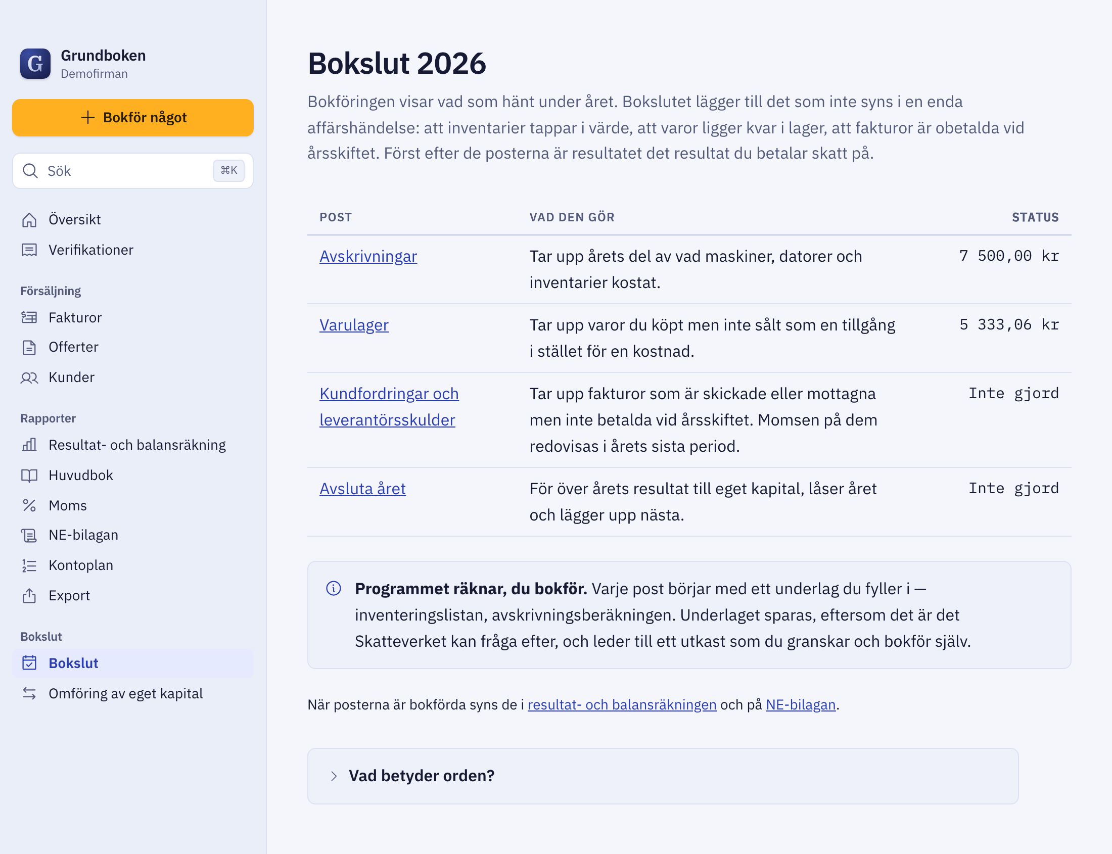 Bokslutssidan i Grundboken med raden Avsluta året